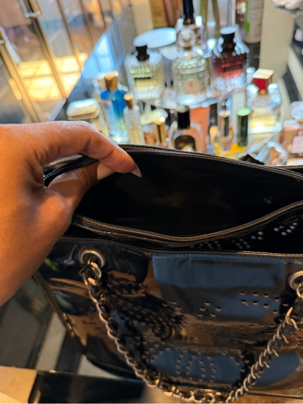 CHANEL Black Patent Leather Perforated Logo Tote with Chain-Strap Handles - Picture 3 of 6